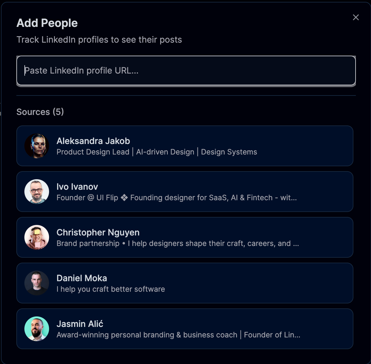 Add People modal for tracking LinkedIn profiles by URL