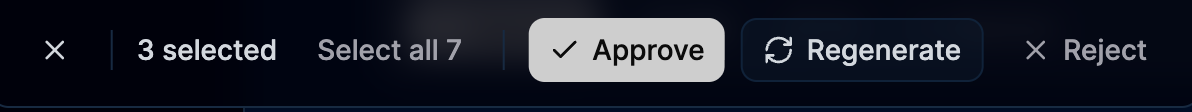 Bulk actions toolbar with 3 selected, Approve, Regenerate, Reject