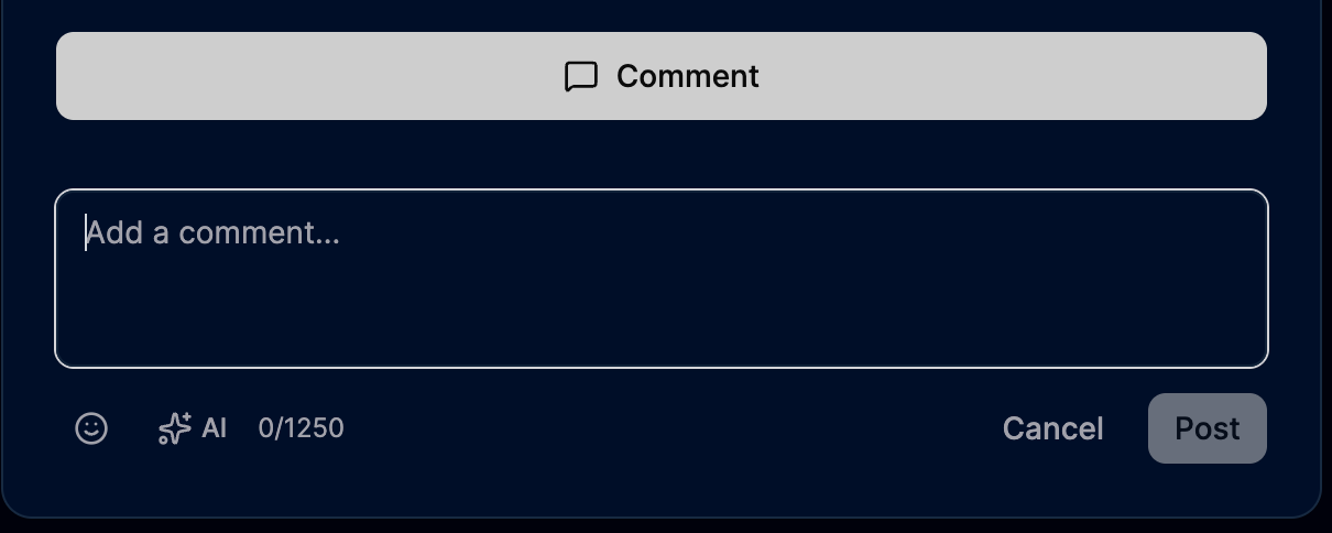 Comment composer input with an AI sparkle trigger and character counter