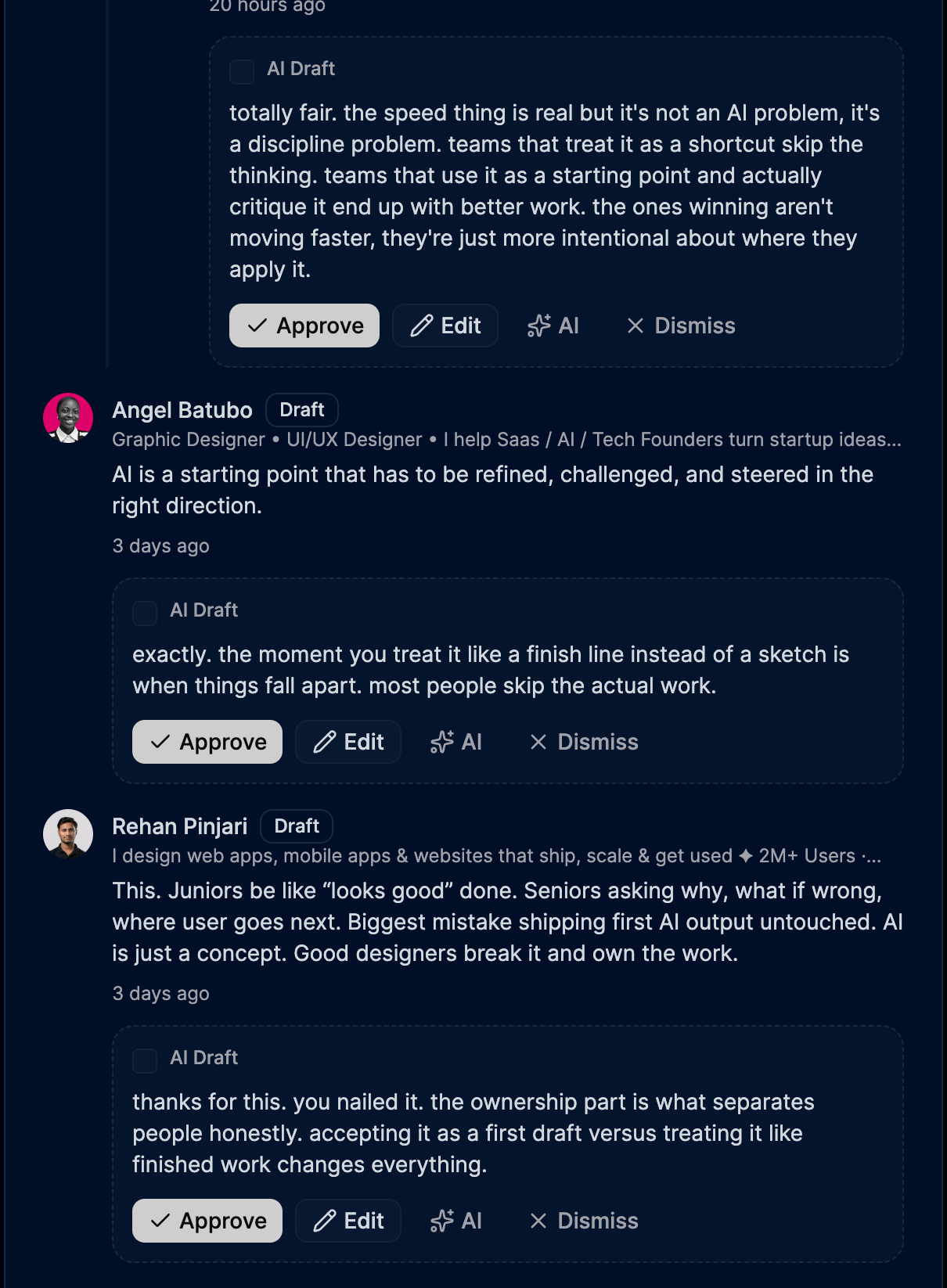 More AI reply drafts with Approve, Edit, AI, Dismiss actions