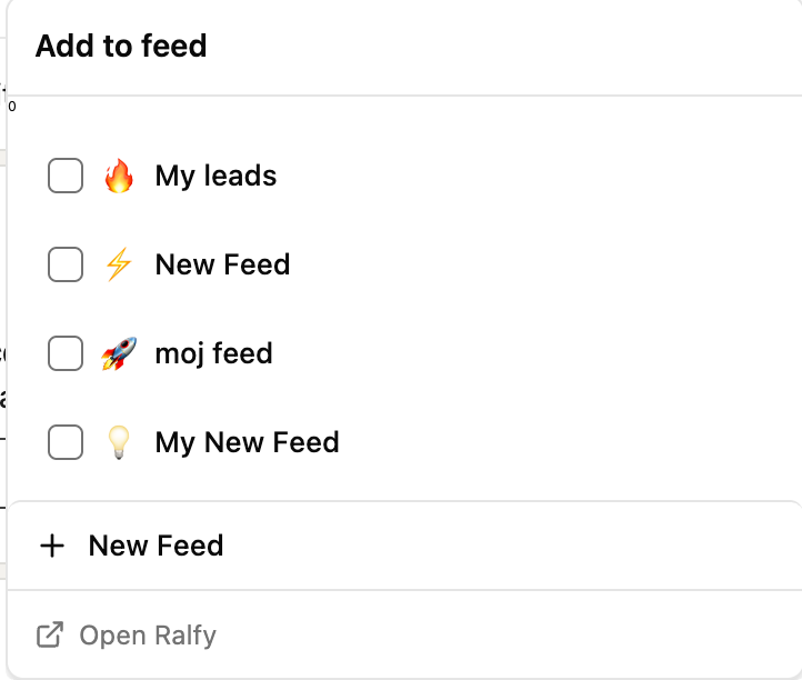 Add to feed modal with checkboxes for existing feeds and a New Feed action
