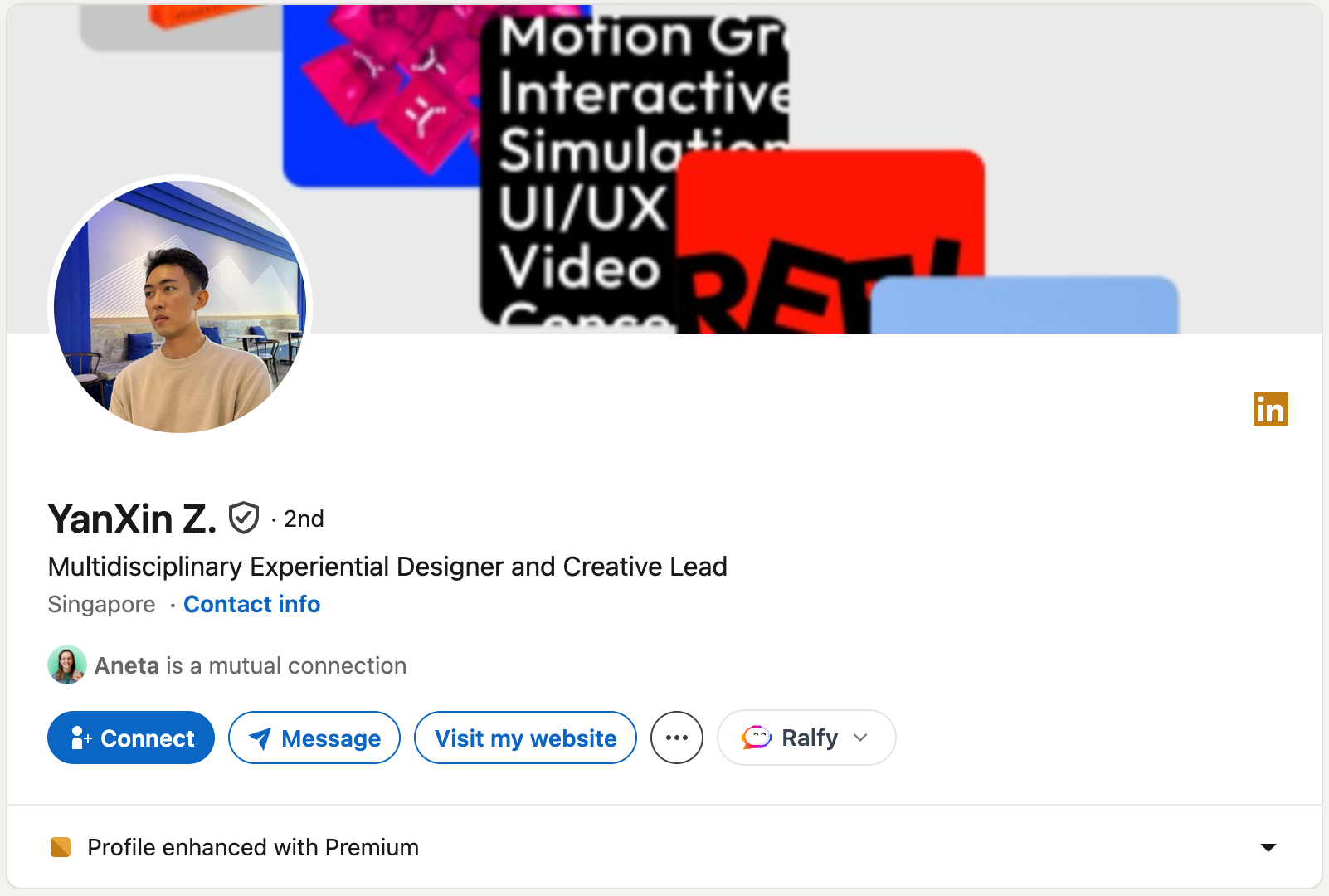 LinkedIn profile with a Ralfy button injected next to the platform's own actions