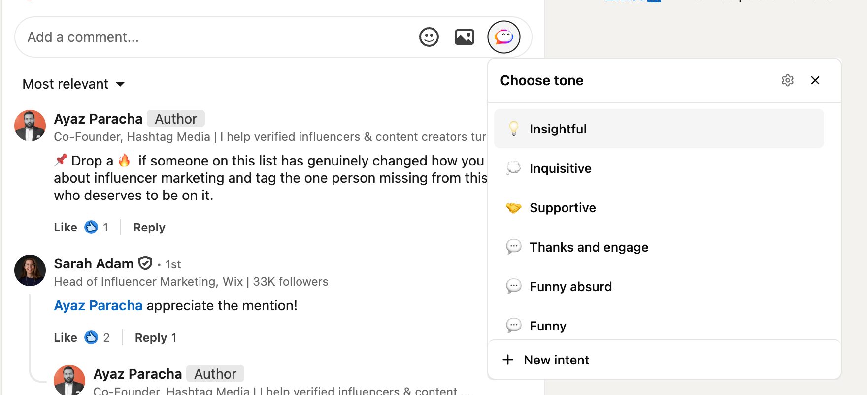 Choose tone dropdown open over the LinkedIn comment box