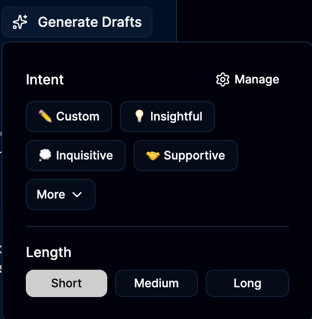 Generate Drafts button revealing the intent picker dropdown