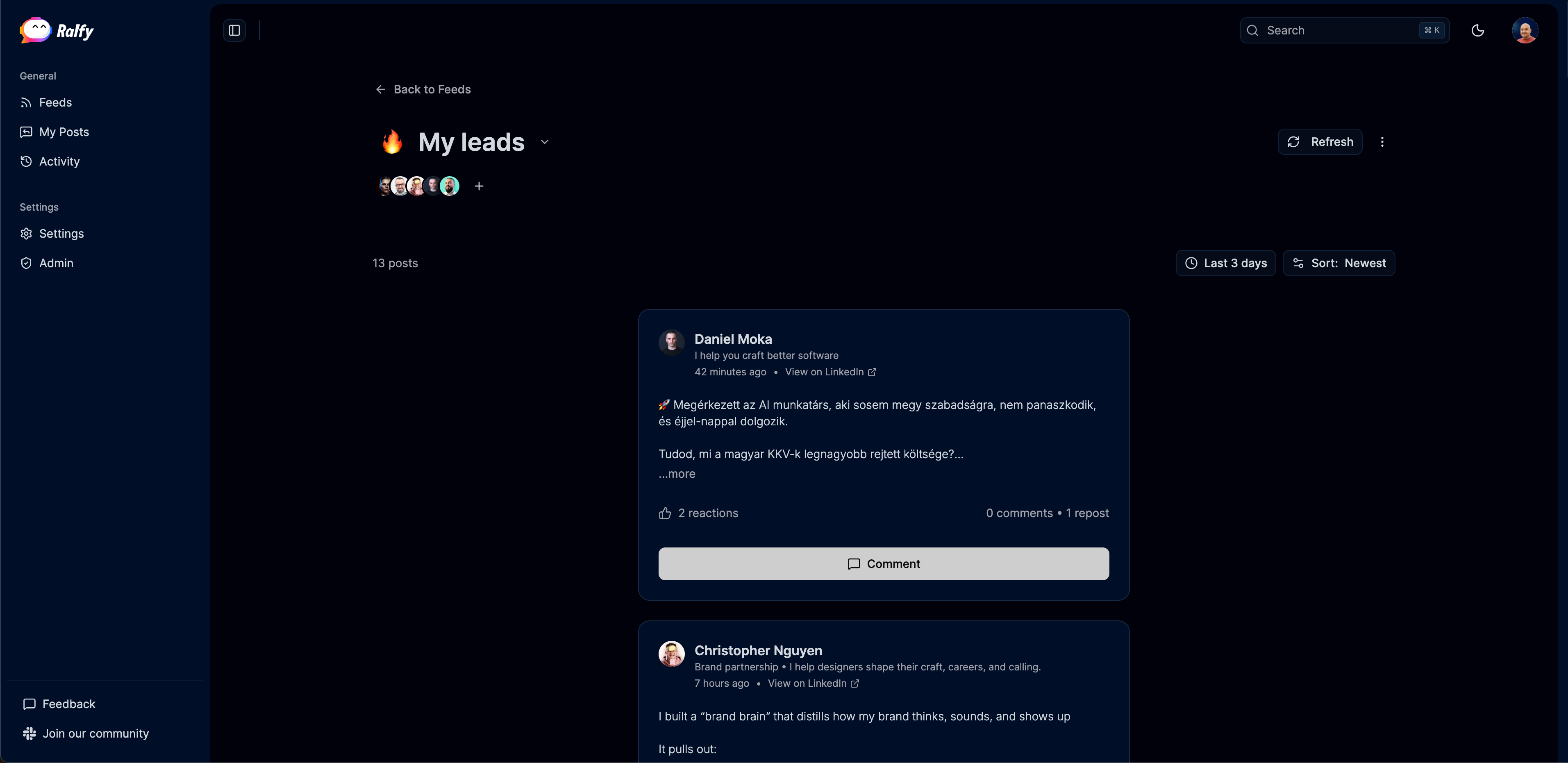 Inside a custom feed showing posts from people the user follows