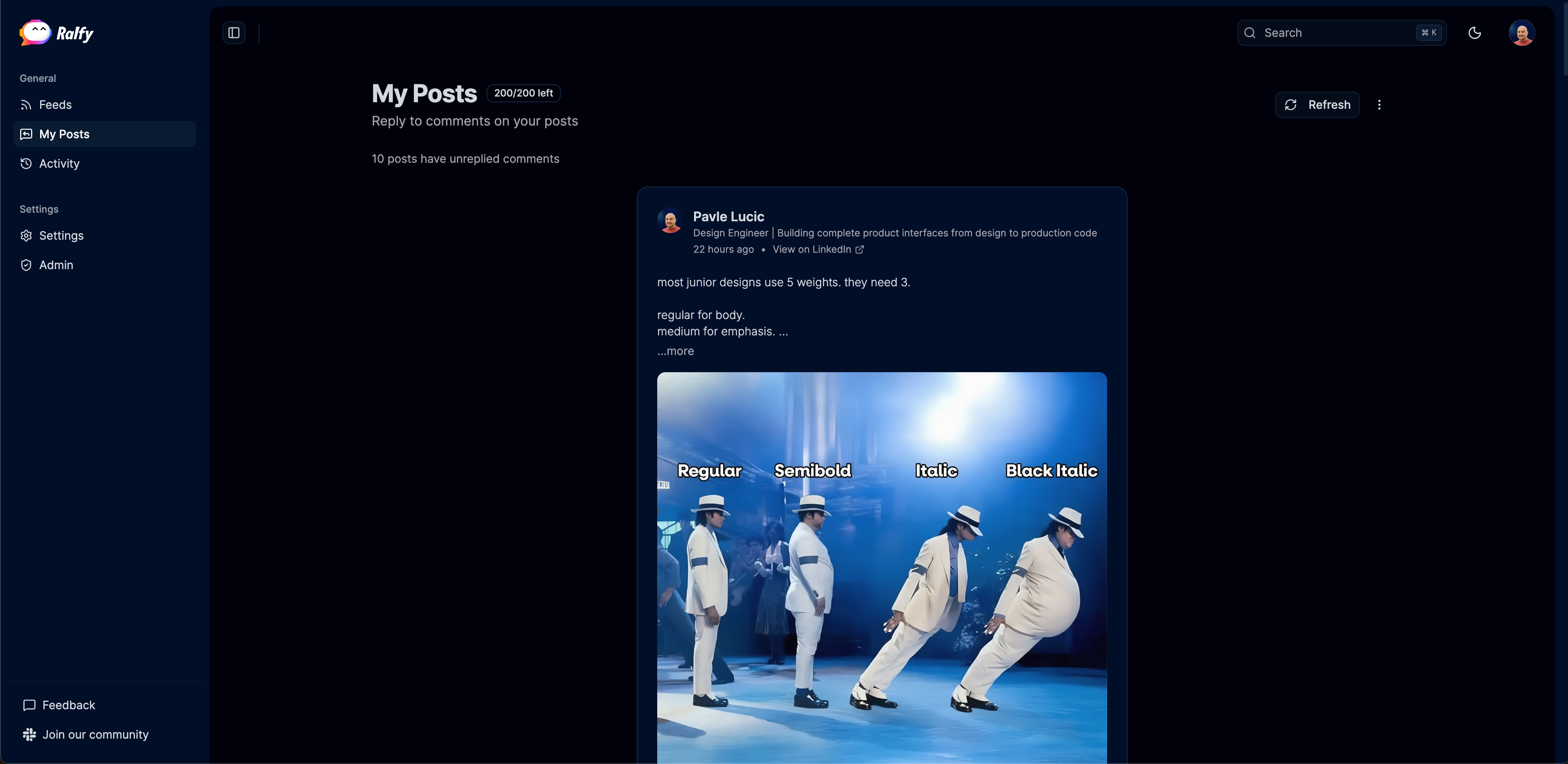 My Posts page in the Ralfy web app showing posts with unreplied comments