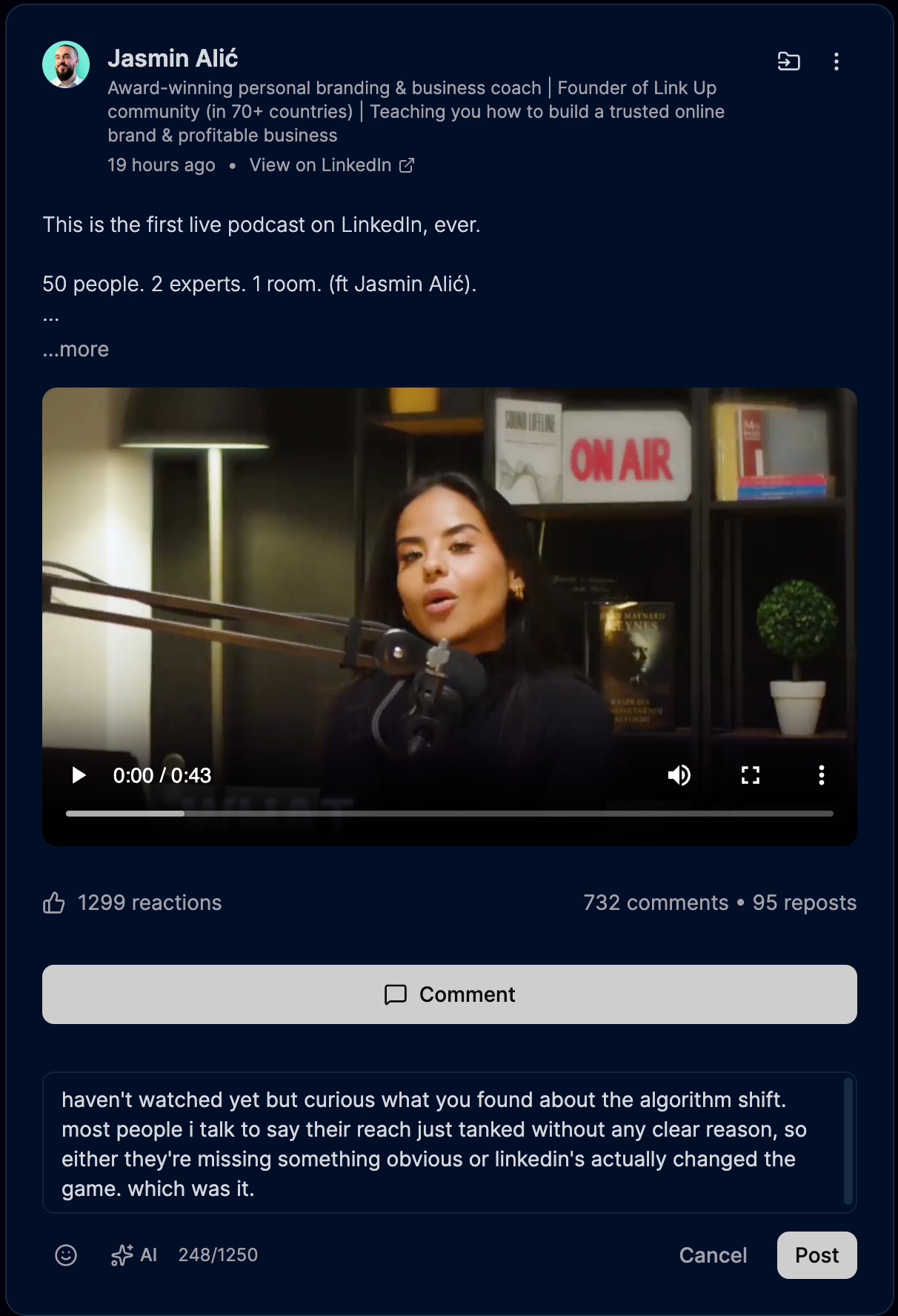 Post detail with an inline comment composer at the bottom