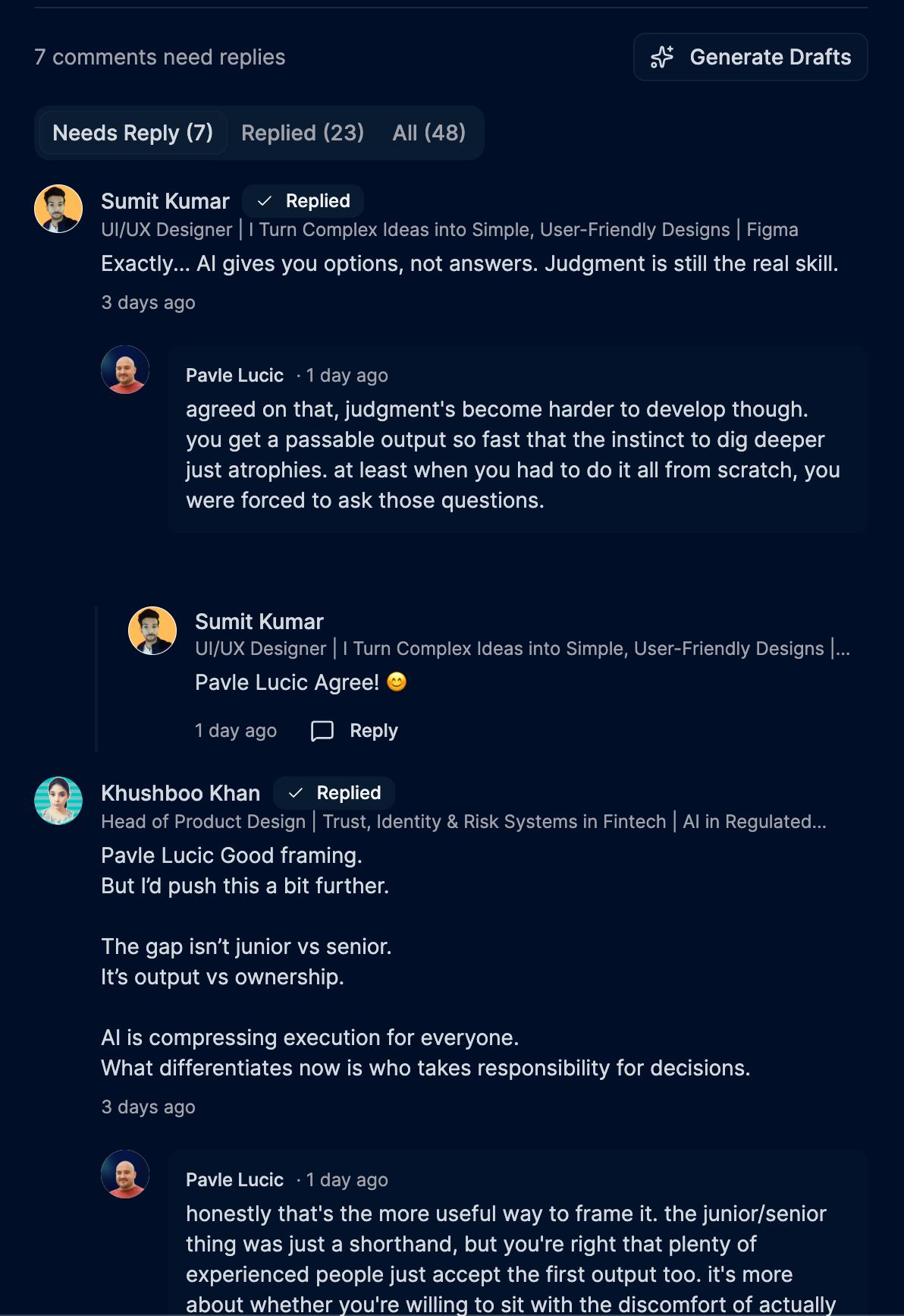 AI generated reply drafts shown alongside the original comments