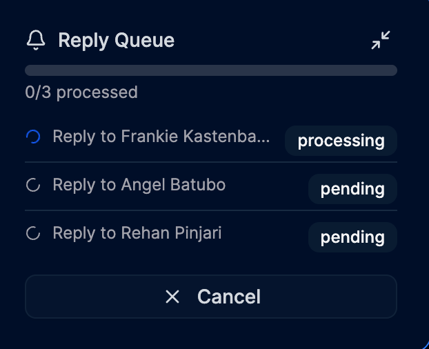 Reply queue mini panel showing 3 replies being processed