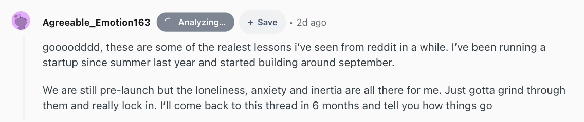 Reddit comment with a RedBread Analyzing pill and Save button next to the author