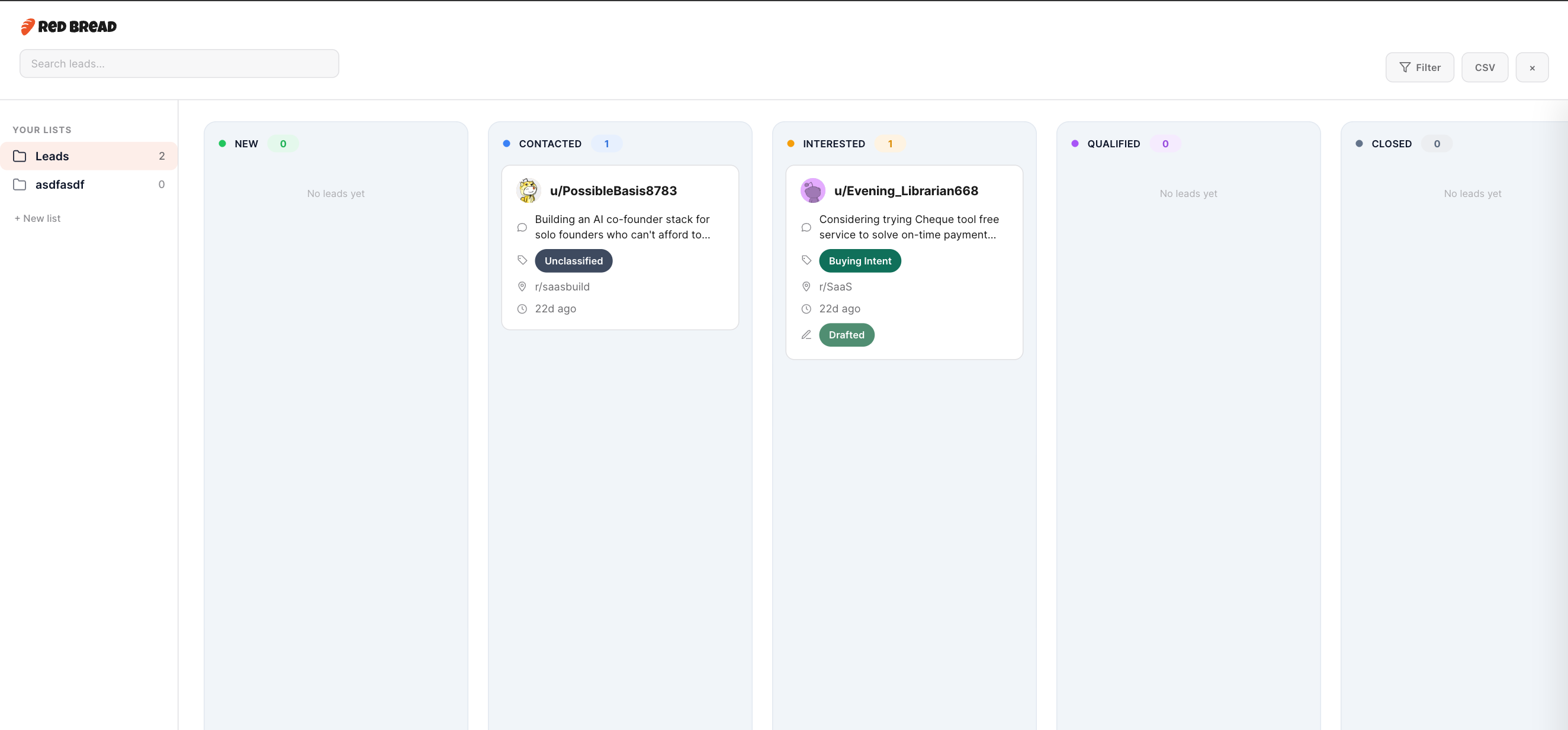 RedBread CRM dashboard with NEW, CONTACTED, INTERESTED, QUALIFIED, CLOSED lanes and a sidebar of lists