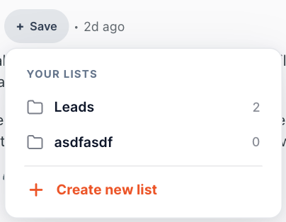 Save list picker dropdown showing existing lists and a Create new list action