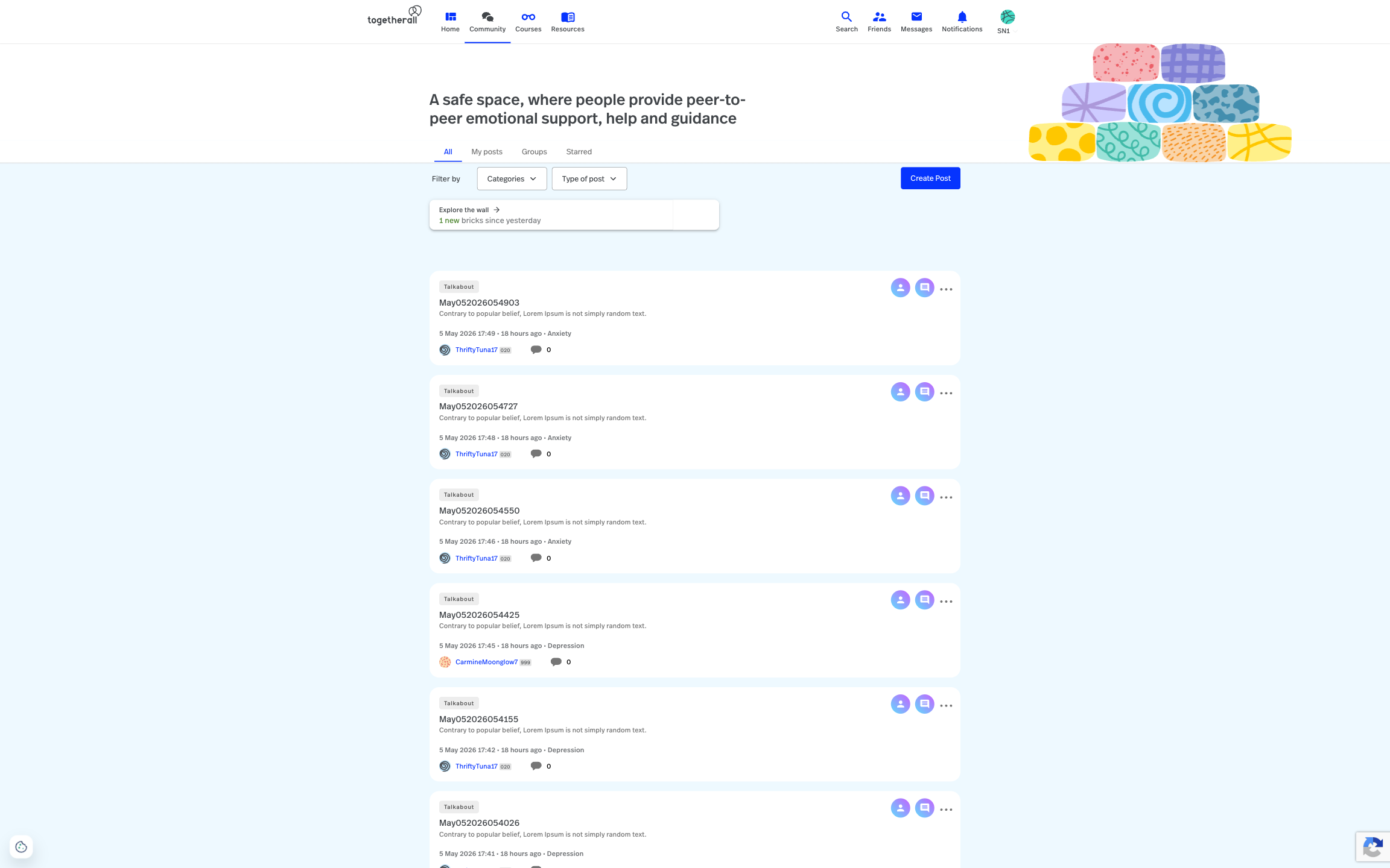 Togetherall member community wall with Talkabout posts and category filters