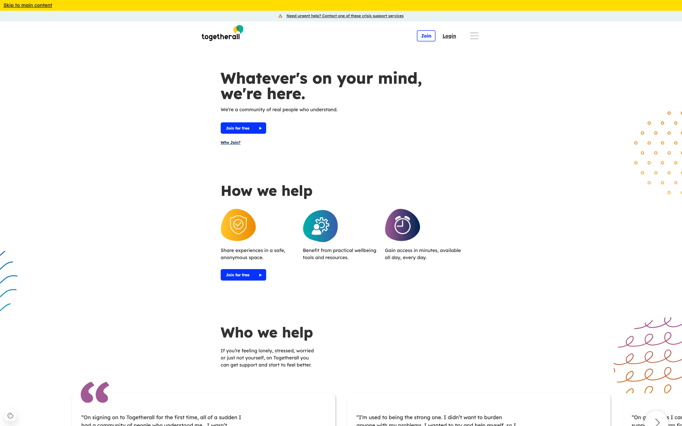 Togetherall marketing site hero showing the platform's value proposition