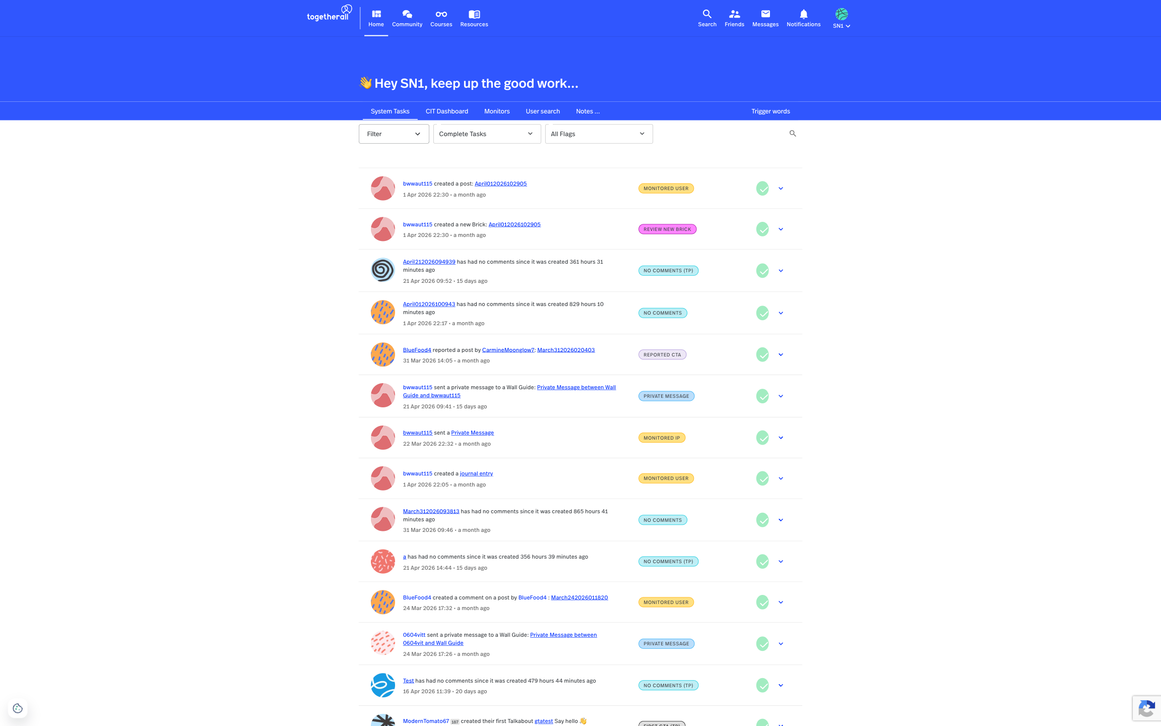 Wall Guide moderator dashboard showing System Tasks triage list